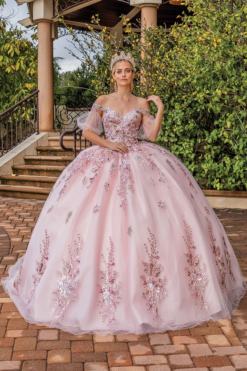 Rose Gold Off Shoulder Embroidered Quinceanera Dress