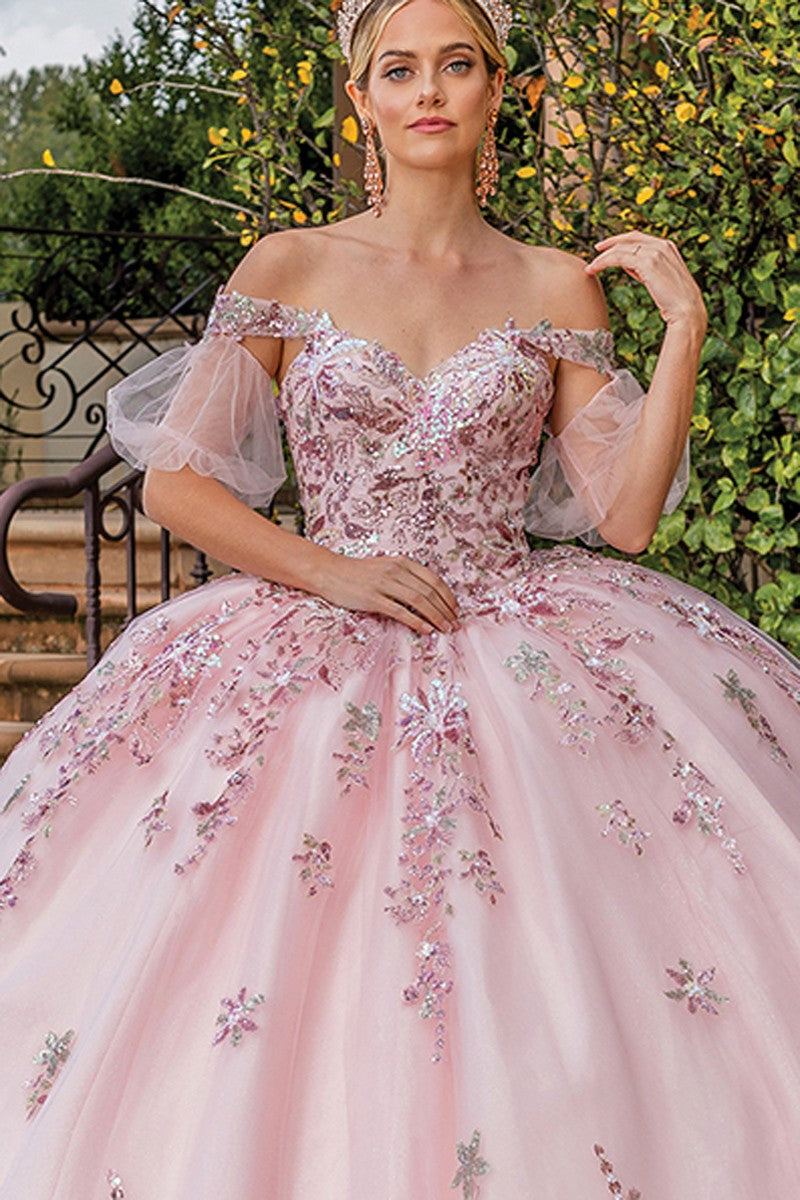 Rose Gold Off Shoulder Embroidered Quinceanera Dress