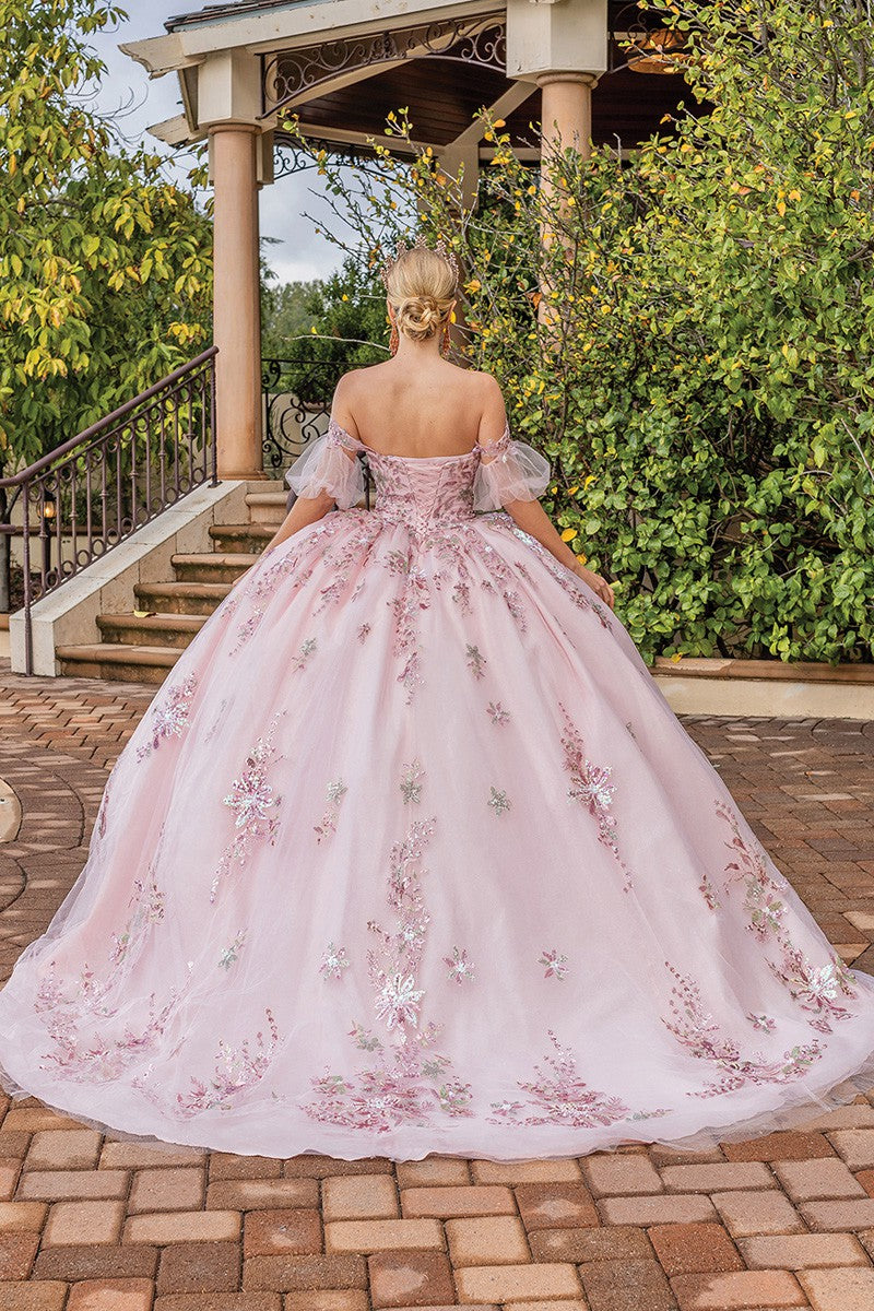 Rose Gold Off Shoulder Embroidered Quinceanera Dress