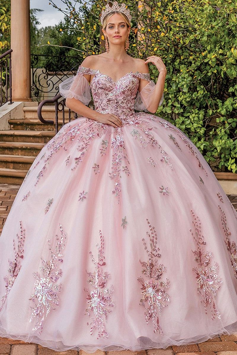 Rose Gold Off Shoulder Embroidered Quinceanera Dress