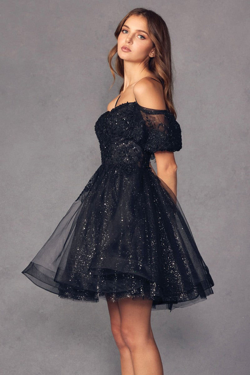 Black Off the Shoulder Short Sleeve Glitter Dress