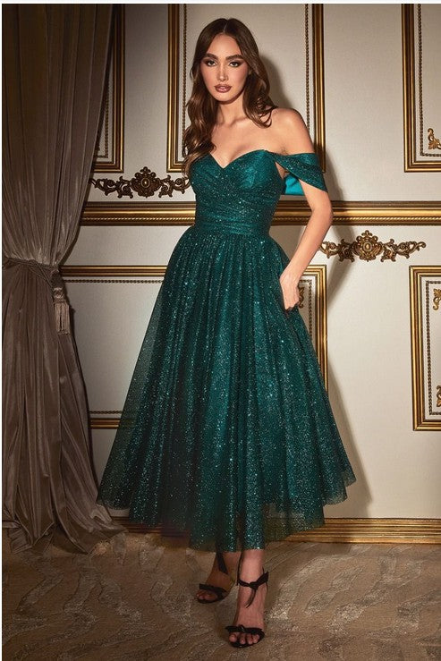 Off the Shoulder Glitter Tea Length Dress