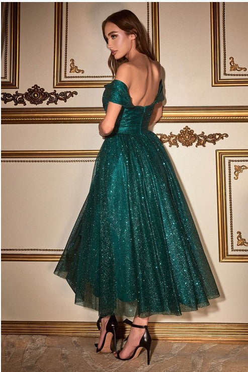 Off the Shoulder Glitter Tea Length Dress
