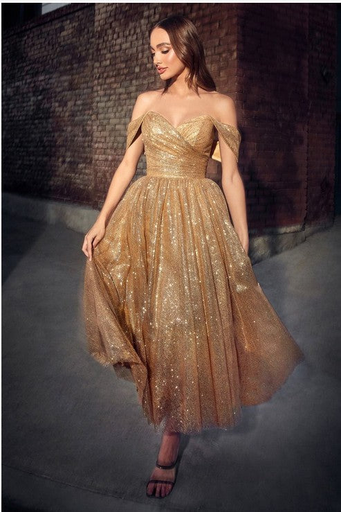 Off the Shoulder Glitter Tea Length Dress