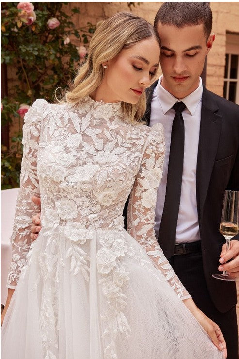 Long Sleeve Floral Applique Wedding Dress