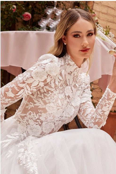 Long Sleeve Floral Applique Wedding Dress