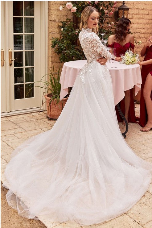 Long Sleeve Floral Applique Wedding Dress
