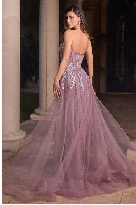 Strapless Glitter Applique Dress w/Removable Overskirt