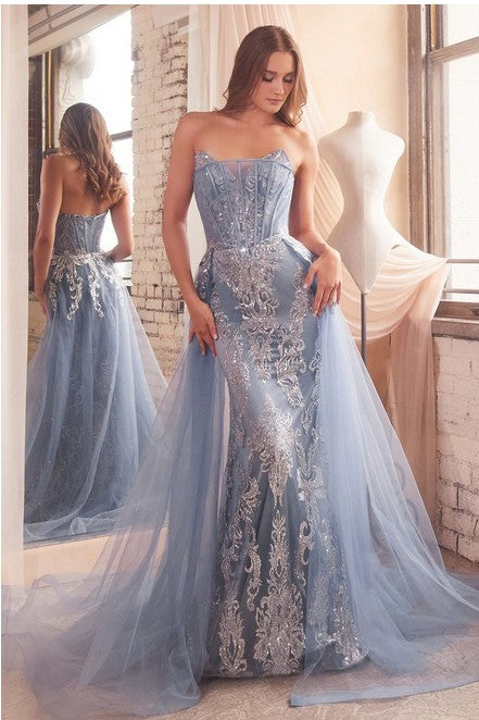 Strapless Glitter Applique Dress w/Removable Overskirt