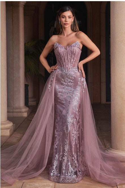 Strapless Glitter Applique Dress w/Removable Overskirt