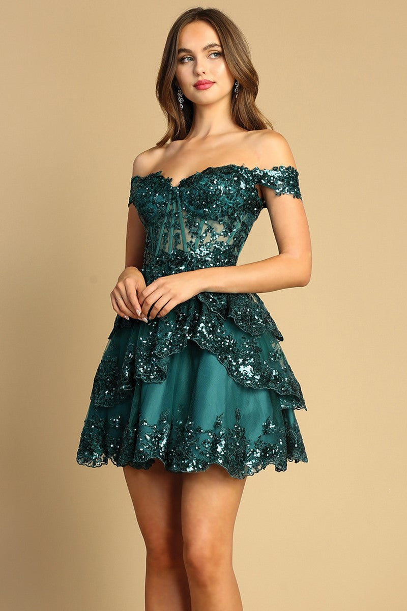 Off Shoulder Ruffled Sequin Embellished Short Dress
