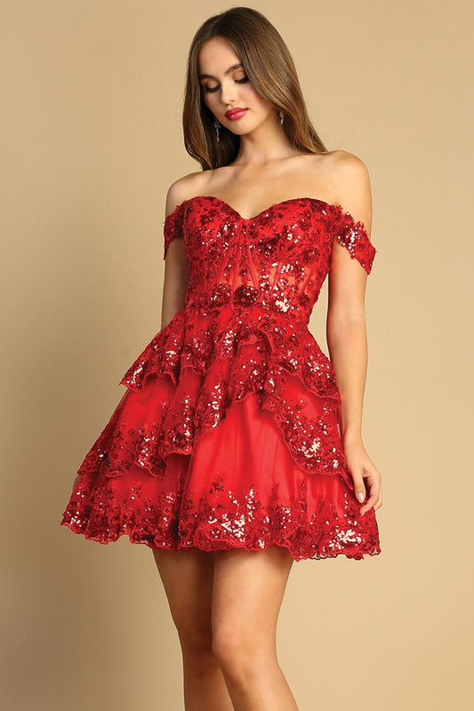 Off Shoulder Ruffled Sequin Embellished Short Dress