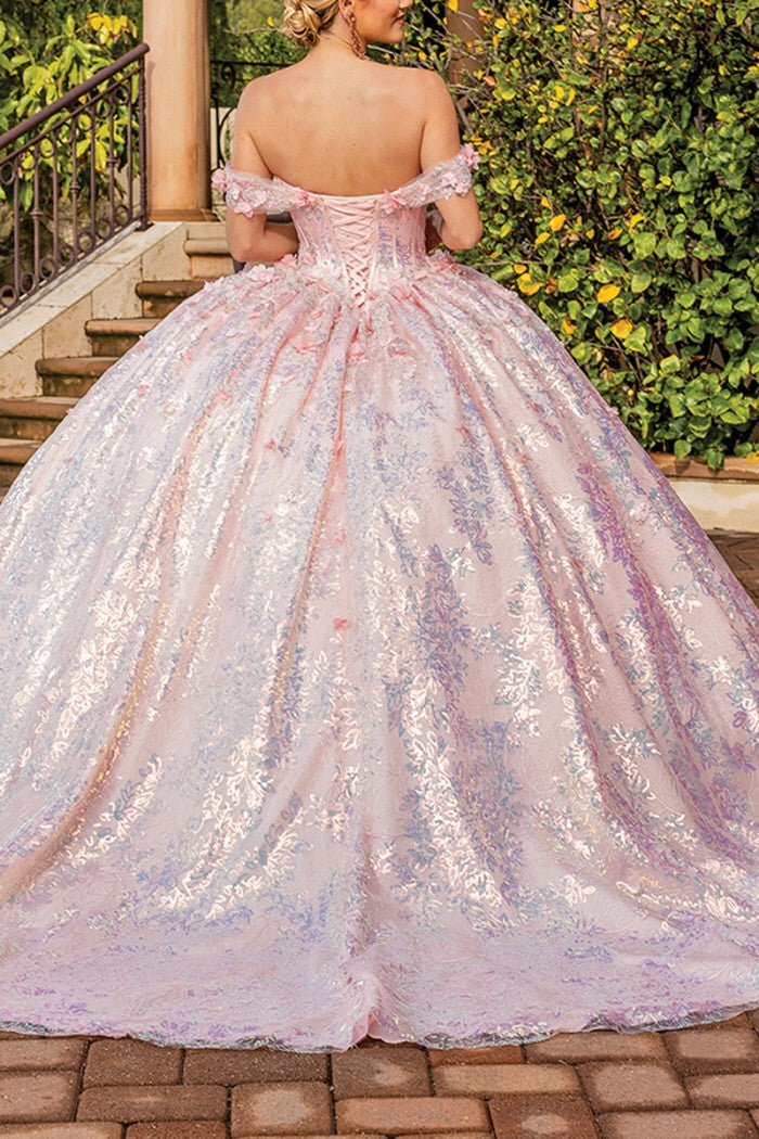 3D Off the Shoulder Pink Metallic Applique Quinceanera Dress