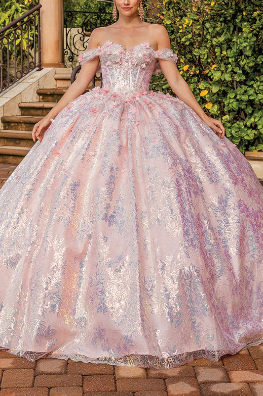 3D Off the Shoulder Pink Metallic Applique Quinceanera Dress