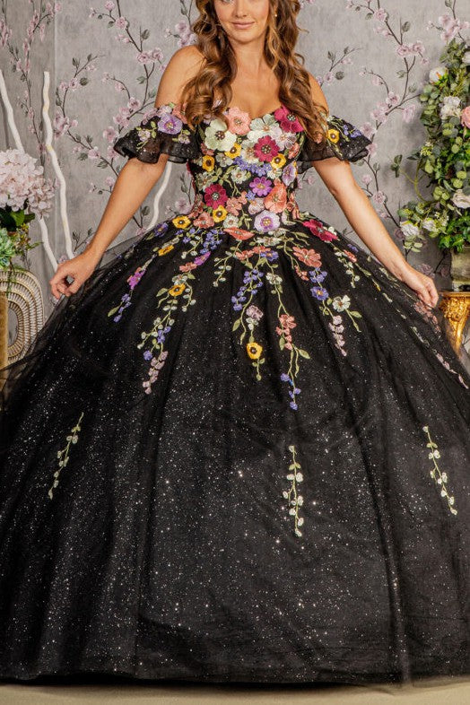3-D Flower Applique Mesh Quinceanera Gown w/ Detachable Short Sleeves