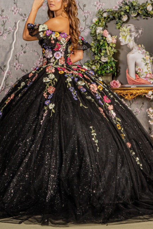 3-D Flower Applique Mesh Quinceanera Gown w/ Detachable Short Sleeves