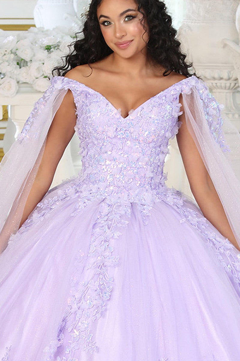 Off the Shoulder 3D Floral Applique Cape Sleeve Quinceanera Dress