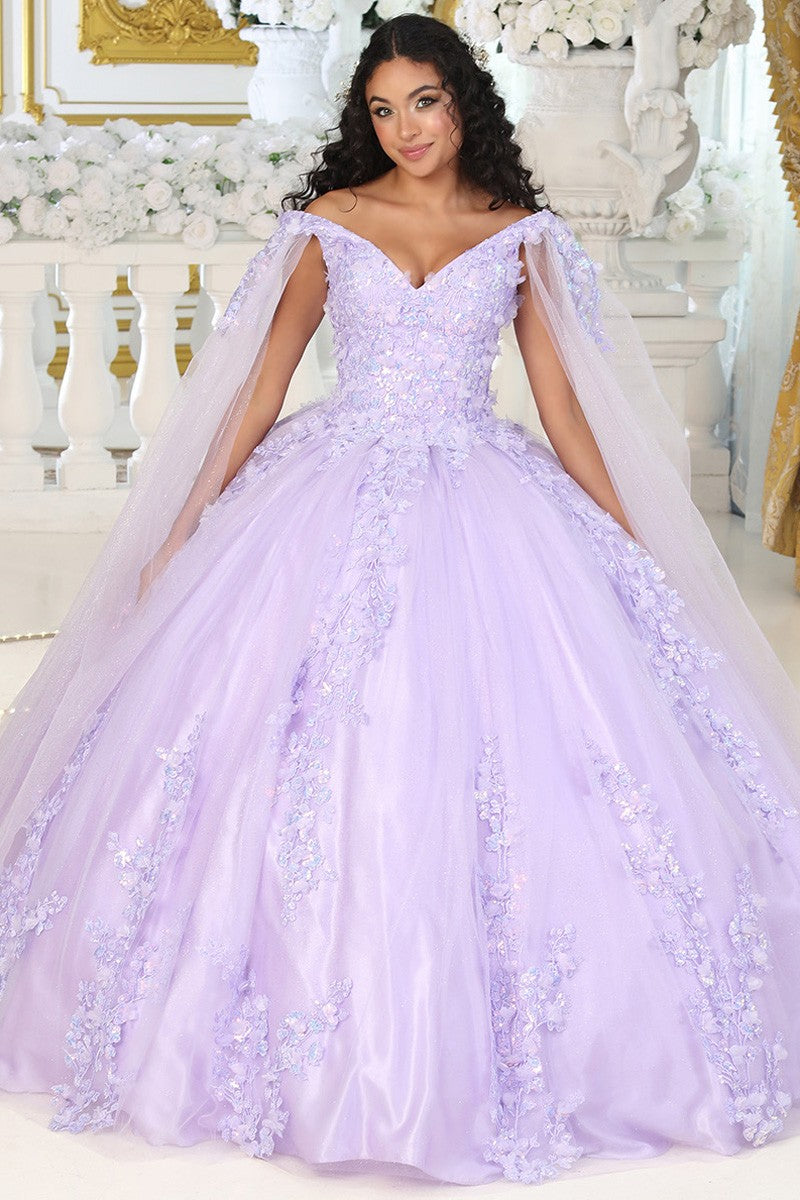 Off the Shoulder 3D Floral Applique Cape Sleeve Quinceanera Dress