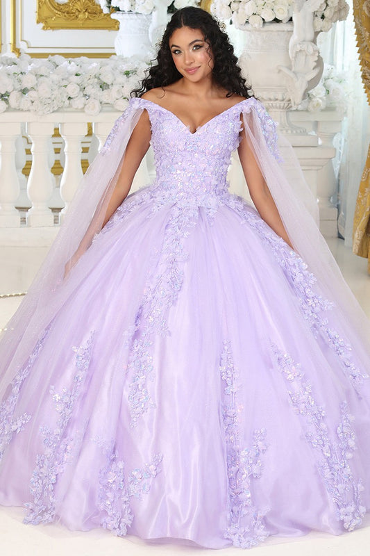 Off the Shoulder 3D Floral Applique Cape Sleeve Quinceanera Dress