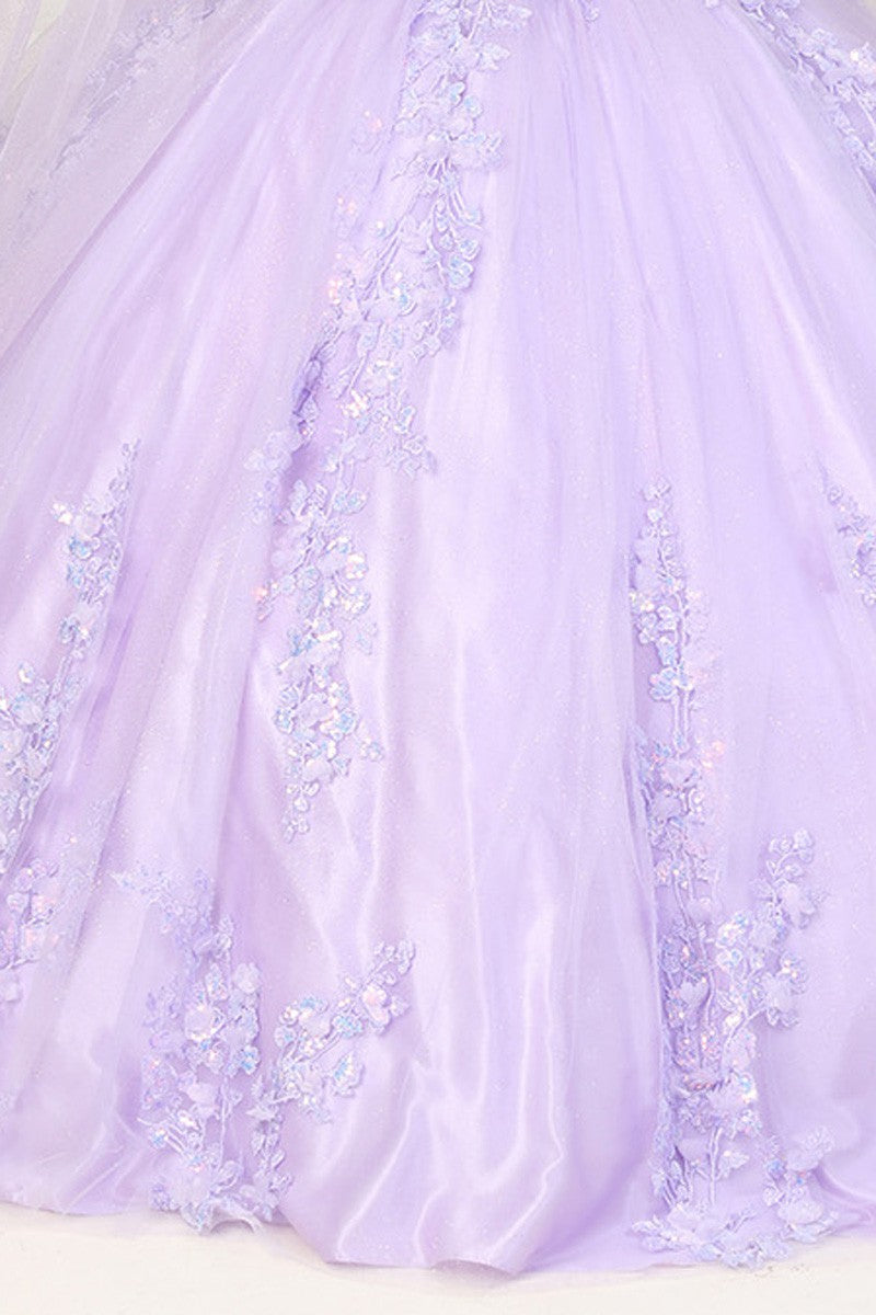 Off the Shoulder 3D Floral Applique Cape Sleeve Quinceanera Dress
