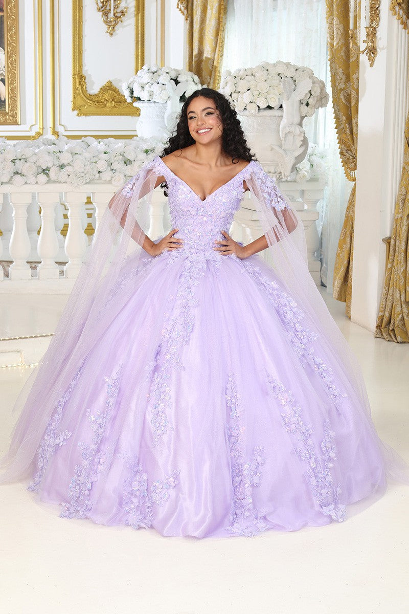 Off the Shoulder 3D Floral Applique Cape Sleeve Quinceanera Dress