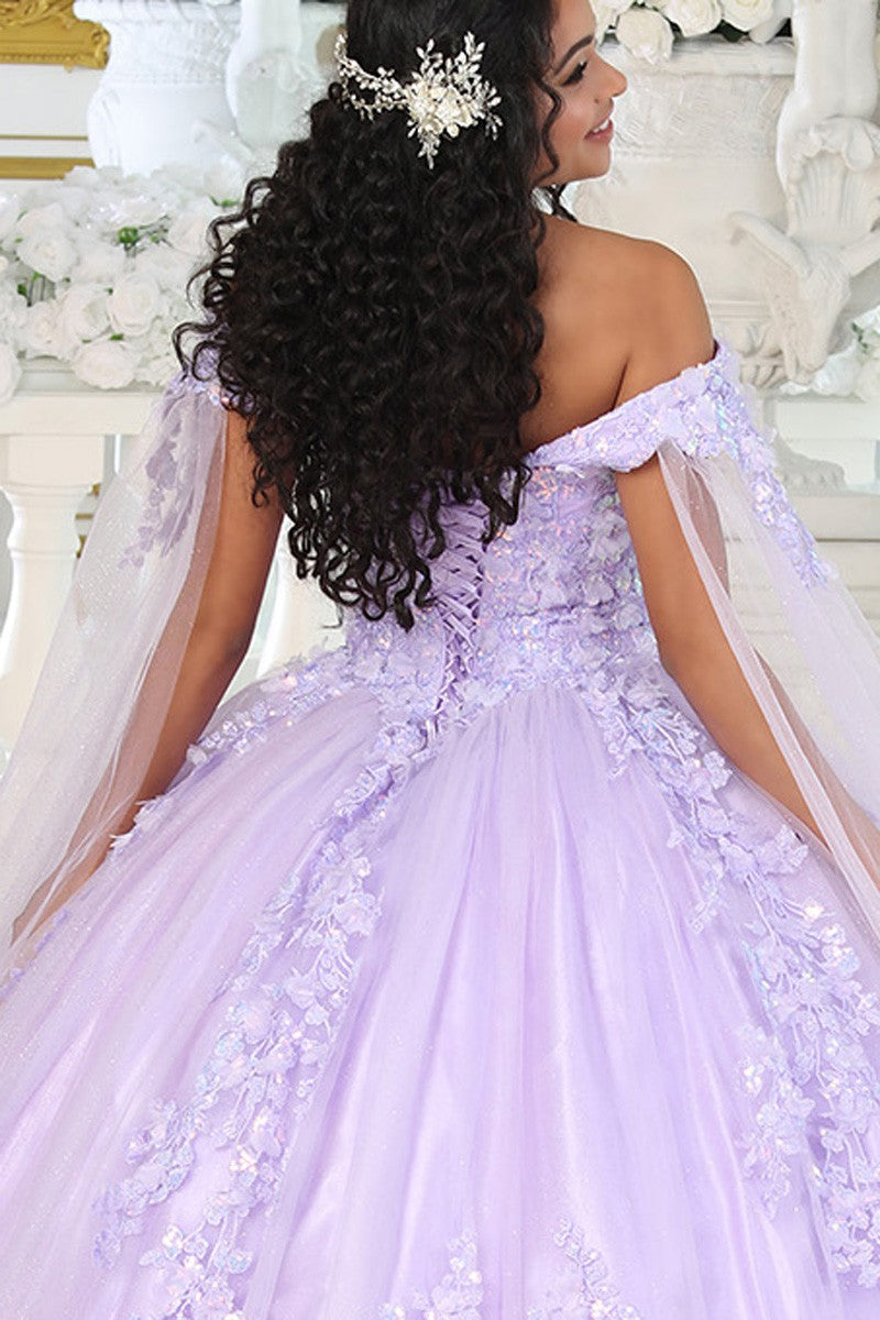 Off the Shoulder 3D Floral Applique Cape Sleeve Quinceanera Dress